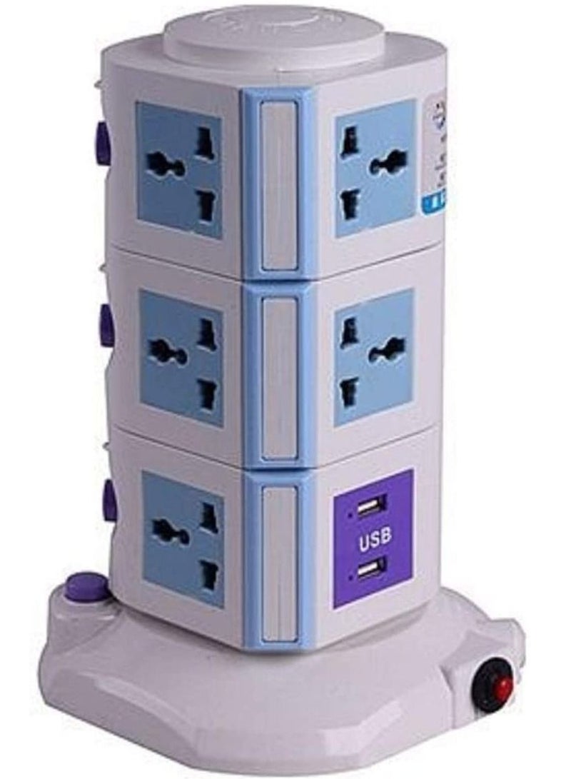 Ntech Universal Vertical Multi Socket 220V Tower Extension Electrical Outlet Lead with USB Ports 3M Cable and UK Plug Power Strip Multi Charging Station 3 Layers Multi Plug With USB Port Blue/White - Image 1
