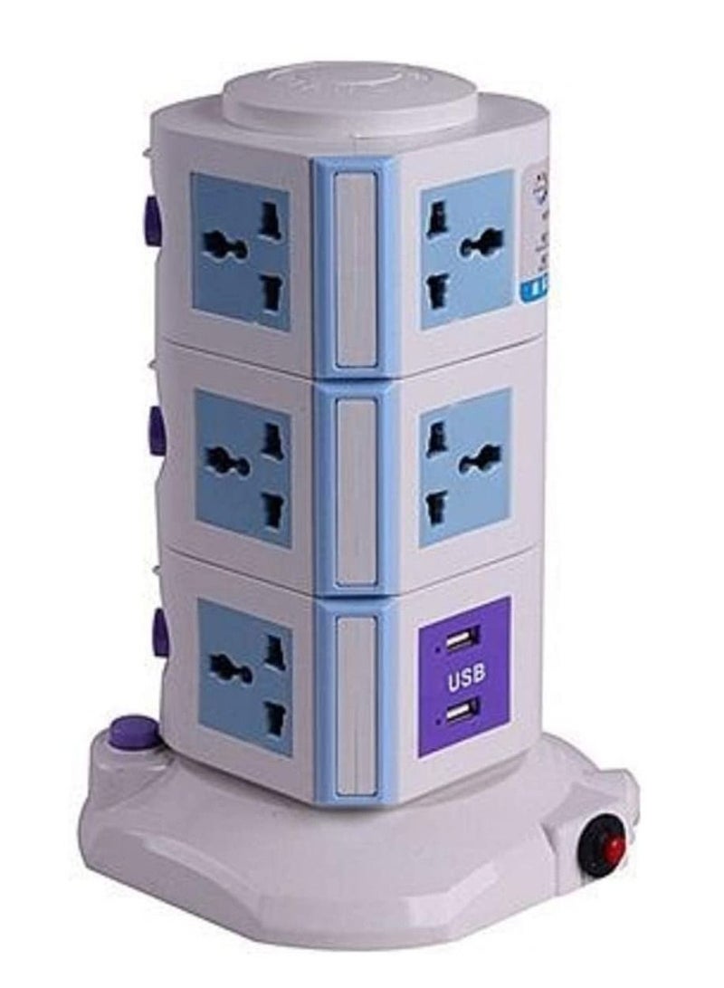Ntech Universal Vertical Multi Socket 220V Tower Extension Electrical Outlet Lead with USB Ports 3M Cable and UK Plug Power Strip Multi Charging Station 3 Layers Multi Plug With USB Port Blue/White - Image 2