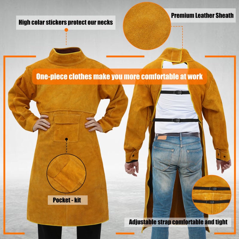 Breathffy Leather Welding Apron Gloves Heat/fire Resistant Forge Welding Leather Jacket Apron Coat for Men Women(Yellow,L) - Image 3