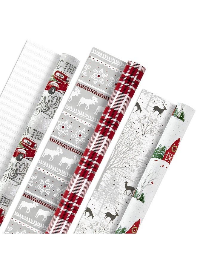 Hallmark Holiday Wrapping Paper Rolls - Rustic Christmas Gift Wrap Paper (Set Of 3 Reversible Rolls: 120 Sq. Ft. Ttl.) Plaid, Barn, Red Truck, Moose, Woodland Scenes  - Image 1