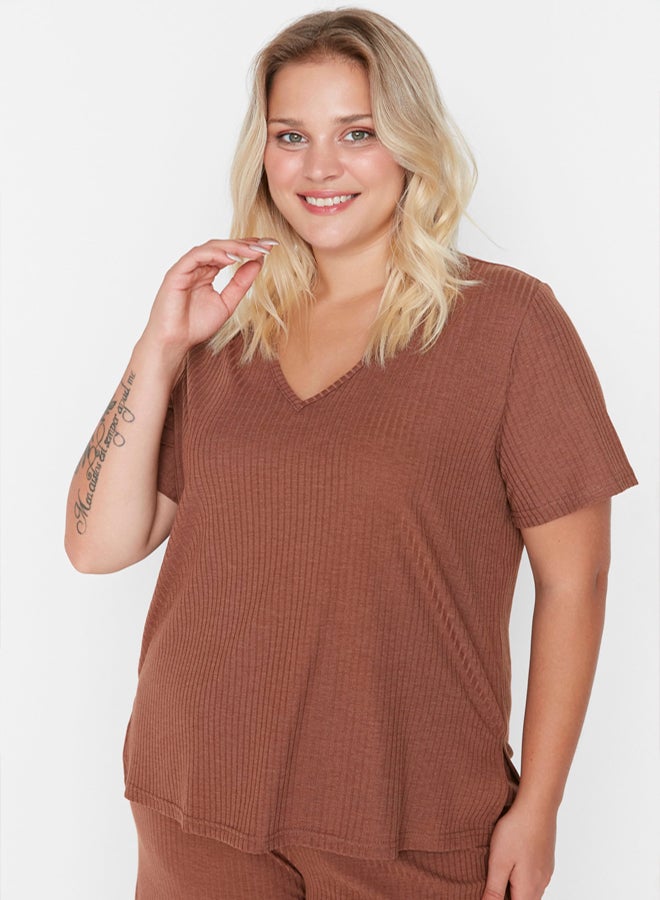 trendyol Brown Ribbed V-Neck Capri Length Knitted Pajama Set TBBSS22PT0237 - Image 4