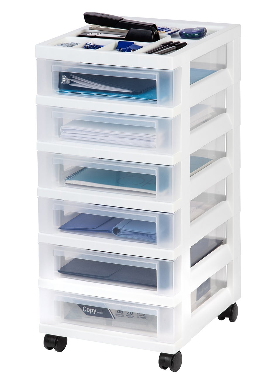 IRIS IRIS USA Plastic Drawer Storage Organizer Rolling Cart with Wheels Casters 6Drawers for Classroom Art Craft Supplies Dresser Closet Bathroom Dorm Bedroom Laundry Room WhiteClear 