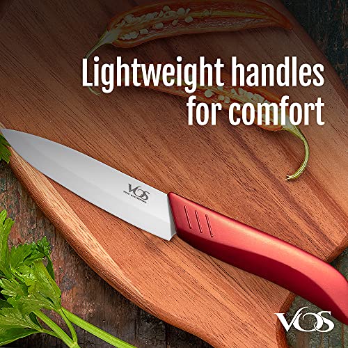 Vos Ceramic Knife Set in Elegant Gift Box, Ceramic Knives Set For Kitchen, Ultra Sharp Kitchen Knife Set with Covers, 4" 5" 6" Paring, Santoku & Chef Knife, Lightweight, Dishwasher safe (Red Handle) - Image 3