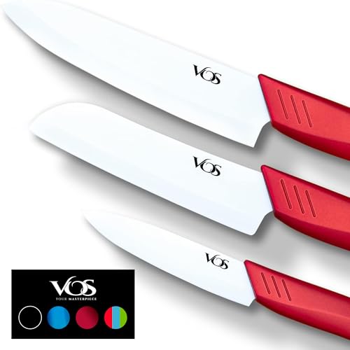 Vos Ceramic Knife Set in Elegant Gift Box, Ceramic Knives Set For Kitchen, Ultra Sharp Kitchen Knife Set with Covers, 4" 5" 6" Paring, Santoku & Chef Knife, Lightweight, Dishwasher safe (Red Handle) - Image 1