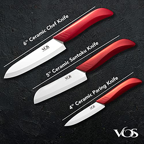 Vos Ceramic Knife Set in Elegant Gift Box, Ceramic Knives Set For Kitchen, Ultra Sharp Kitchen Knife Set with Covers, 4" 5" 6" Paring, Santoku & Chef Knife, Lightweight, Dishwasher safe (Red Handle) - Image 2