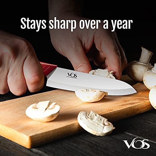 Vos Ceramic Knife Set in Elegant Gift Box, Ceramic Knives Set For Kitchen, Ultra Sharp Kitchen Knife Set with Covers, 4" 5" 6" Paring, Santoku & Chef Knife, Lightweight, Dishwasher safe (Red Handle) - Image 4