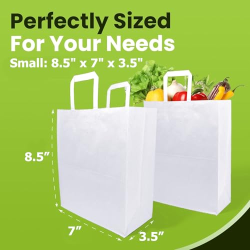 Aakriti Kraft Paper Gift Bags with Flat Handles - White 100 Pack, Small (8.5" x 7" x 3.5") for Shopping, Home, Office, Retail & Merchandise - Image 2