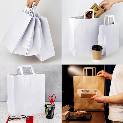 Aakriti Kraft Paper Gift Bags with Flat Handles - White 100 Pack, Small (8.5" x 7" x 3.5") for Shopping, Home, Office, Retail & Merchandise - Image 4