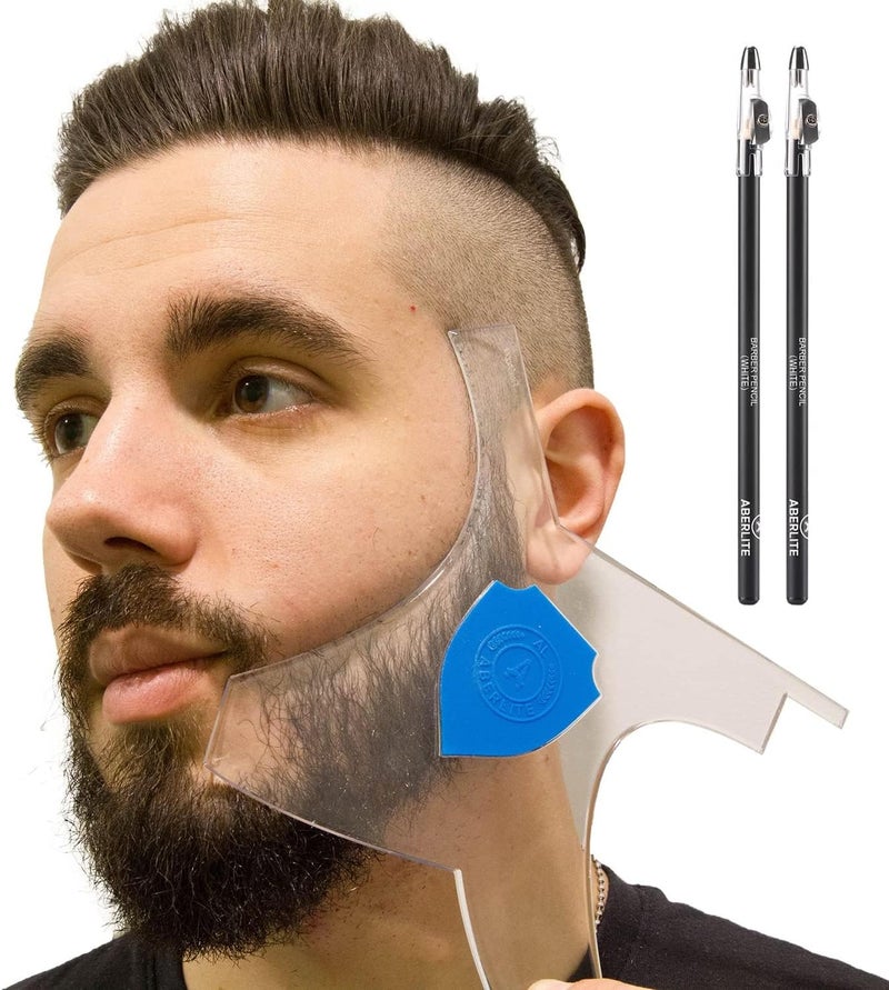 Aberlite Beard Shaper - Beard Lineup Tool W/Barber Pencil (White) - 100% Clear | Many Styles | Long Edges | Anti-Slip - The Ultimate Beard Shaping Tool (Blue) - Beard Stencil Guide - Works w/Trimmer - Image 1