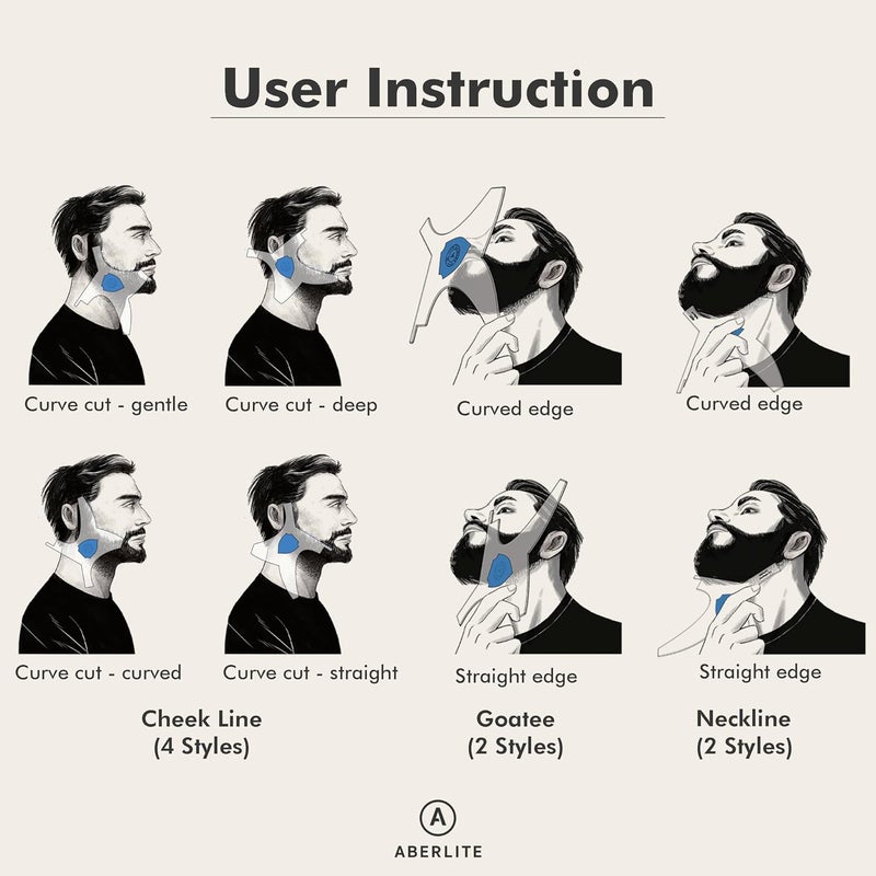 Aberlite Beard Shaper - Beard Lineup Tool W/Barber Pencil (White) - 100% Clear | Many Styles | Long Edges | Anti-Slip - The Ultimate Beard Shaping Tool (Blue) - Beard Stencil Guide - Works w/Trimmer - Image 3