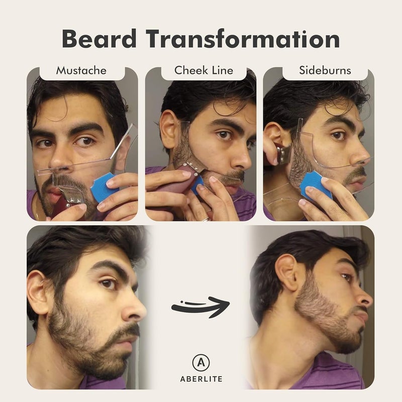 Aberlite Beard Shaper - Beard Lineup Tool W/Barber Pencil (White) - 100% Clear | Many Styles | Long Edges | Anti-Slip - The Ultimate Beard Shaping Tool (Blue) - Beard Stencil Guide - Works w/Trimmer - Image 4