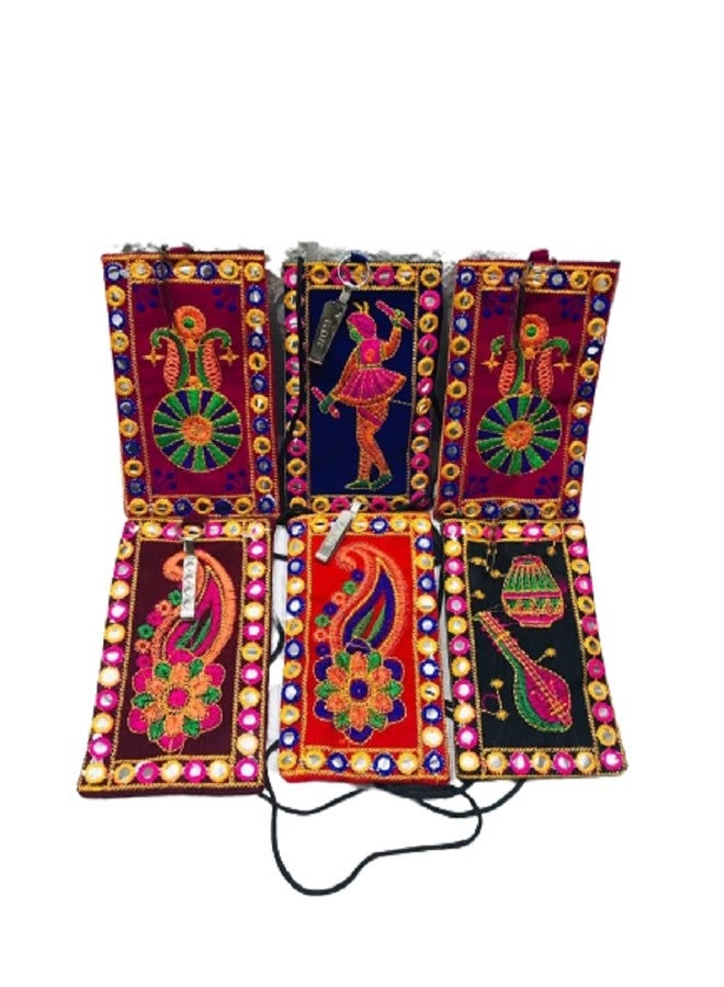 FIRMUS Rajasthani Handicraft Multicolour Embroidered Women's Mobile Clutch Case Purse Pouch/Wallet With Saree waist clip and sling For Ladies (Pack of 2) Assorted colour & Design - Image 1