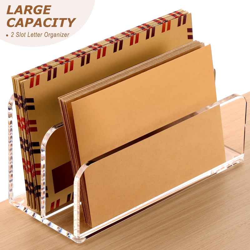 SANRUI Acrylic Mail Sorter Desktop Organizer Holder, 2 Compartments Clear Small File Script Letter Office Document Storage for Desk Bill Filling Envelope Holder Office, Home, School Desk Organization - Image 3