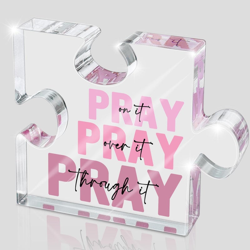 zaxek Religious Plaques Christian Woman Decor Gifts - Pray on it Pray over it -Puzzle Acrylic Sign - Pink Office Desk Accessories Decor Sign, Pink Dorm Room for Women - Long Distance Gifts (puzzle) - Image 1