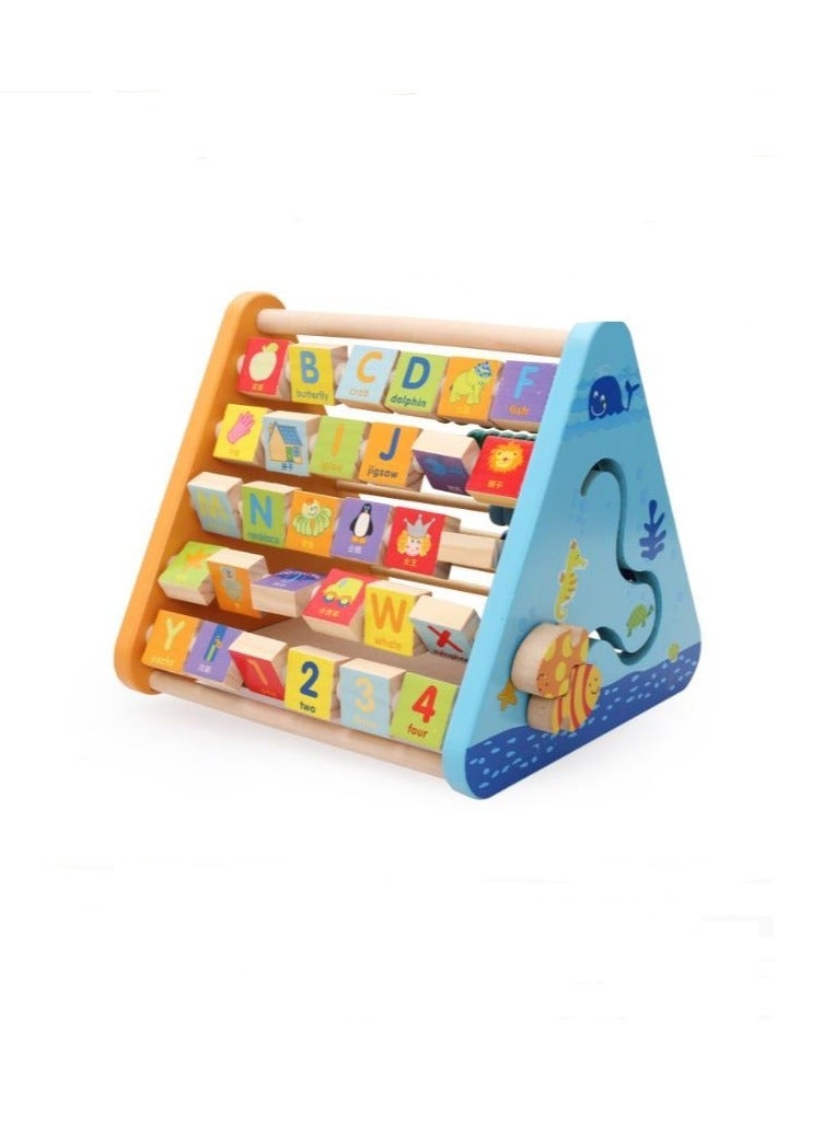 MIXDE 5 in 1 Montessori Learning Toys for Kids Wooden Activity Centre Triangle Toys Alphabet Blocks Abacus Clock Activity Cube for Toddlers - Image 2