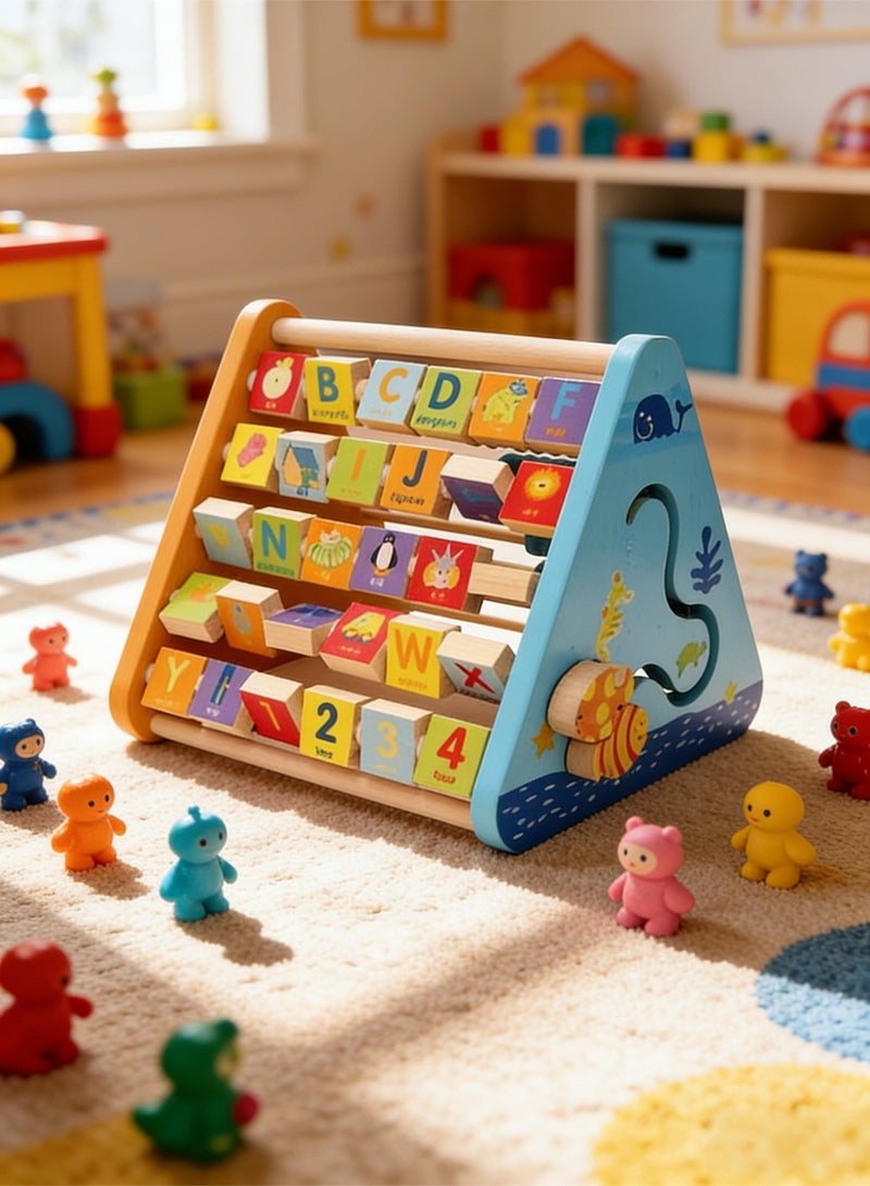 MIXDE 5 in 1 Montessori Learning Toys for Kids Wooden Activity Centre Triangle Toys Alphabet Blocks Abacus Clock Activity Cube for Toddlers - Image 1