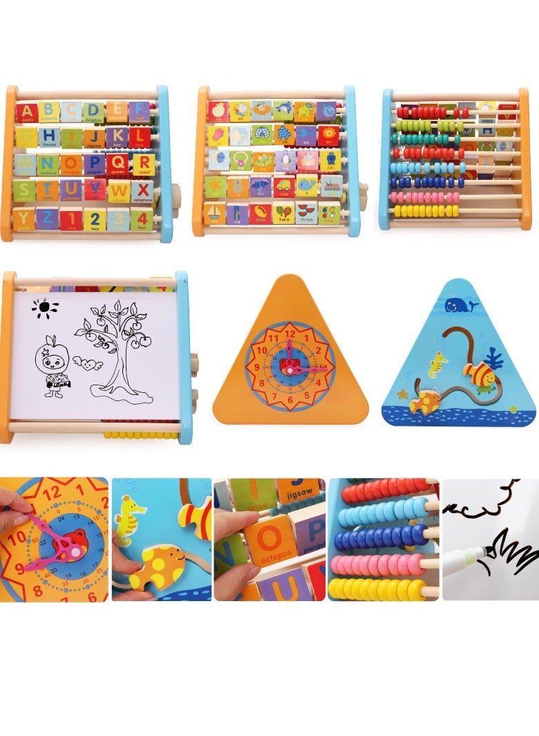 MIXDE 5 in 1 Montessori Learning Toys for Kids Wooden Activity Centre Triangle Toys Alphabet Blocks Abacus Clock Activity Cube for Toddlers - Image 3