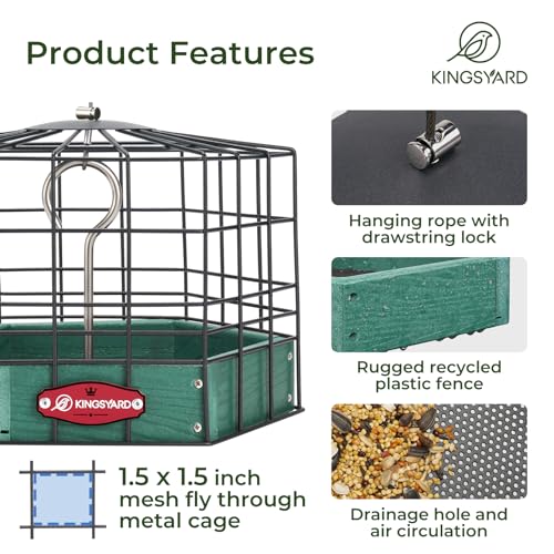 Kingsyard Squirrel Proof Platform Bird Feeders for Outdoor Hanging, 10" Wide Metal Caged Bird Feeder for Small Wildbirds Finches, Recycled Plastic Feeding Platform with Metal Seed Tray, Green - Image 3