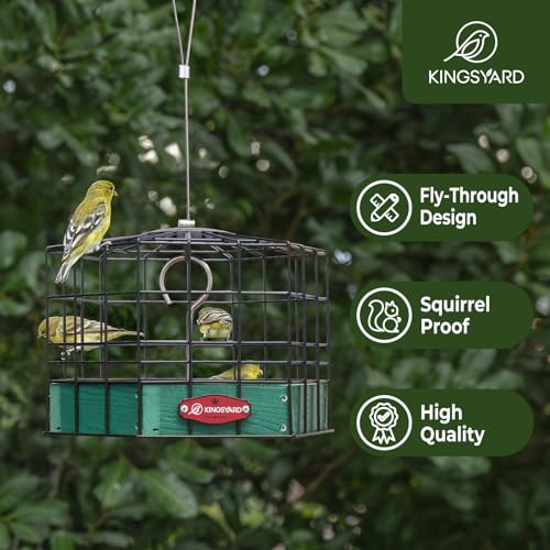Kingsyard Squirrel Proof Platform Bird Feeders for Outdoor Hanging, 10" Wide Metal Caged Bird Feeder for Small Wildbirds Finches, Recycled Plastic Feeding Platform with Metal Seed Tray, Green - Image 2