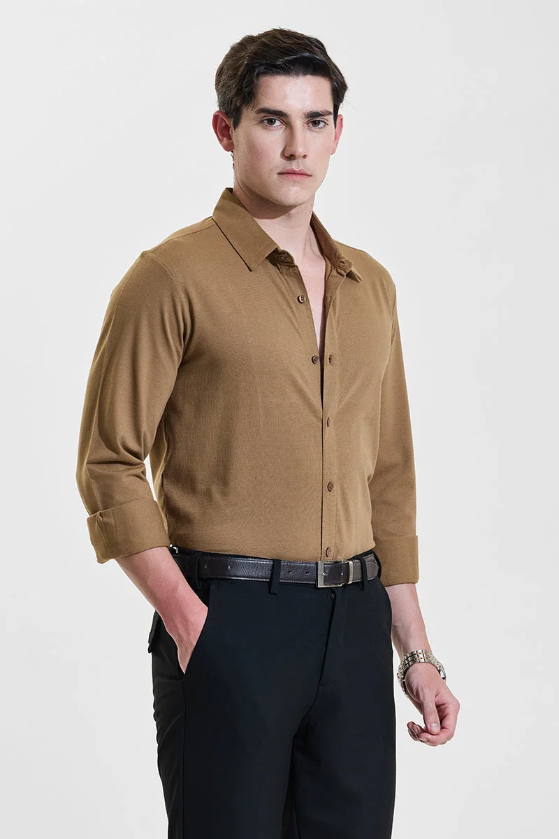 سنيتش Light Brown Solid Long Sleeve Slim Fit Formal Shirt