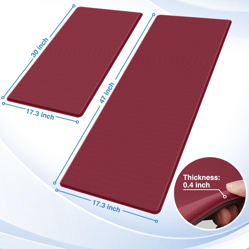 StepRite Kitchen Mats, 2PCS Kitchen Rugs, Cushioned Anti Fatigue Kitchen Mats for Floor, Non-Slip Standing Desk Mat, Waterproof Kitchen Rug Set for Kitchen, Floor, Office, 17.3"x30"+17.3"x47", Red - Image 2