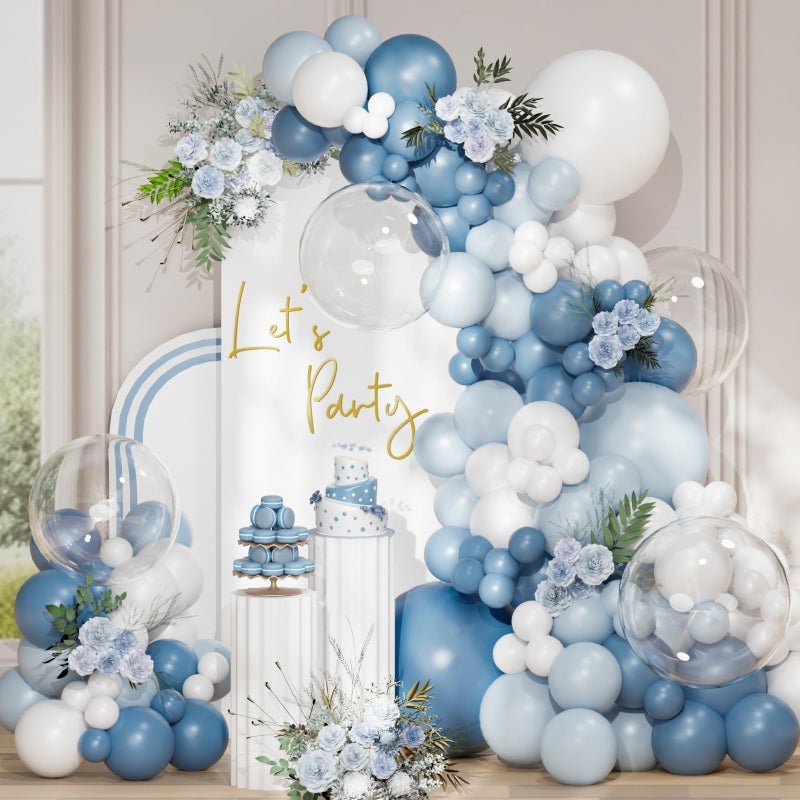 QIFU Dusty Blue Balloon Arch Kit, 113 pcs Haze Blue Sand White Balloon Arch Garland Kit Include Light Blue White Clear Balloons for Birthday Wedding Baby Shower Gender Reveal Bridal Party Decorations - Image 1