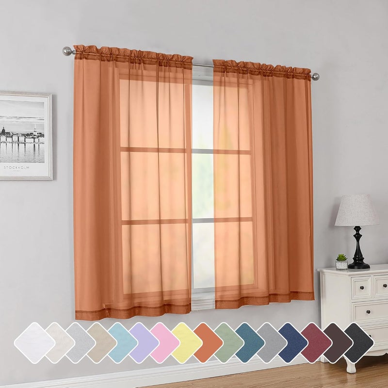 SimpleBrand Orange Short Sheer Curtains 45 Inch Length for Small Windows, Rod Pocket 2 Panels Set Solid Voile Drapes Window Sheer Curtains for Bedroom Bathroom Kids Room Kitchen, 42x45 Inch, 2pcs - Image 1