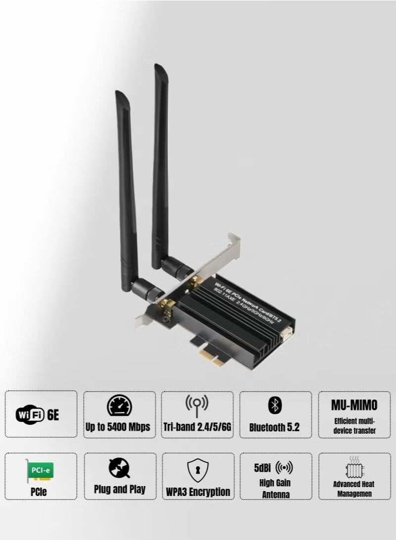 PCIe WiFi Bluetooth Adapter - 5400 Mbps Tri-Band 6GHz/5GHz/2.4GHz Wireless Network External Receiver, OFDMA, MU-MIMO, Bluetooth 5.2, Supports Windows 10/11 64-bit - Image 2