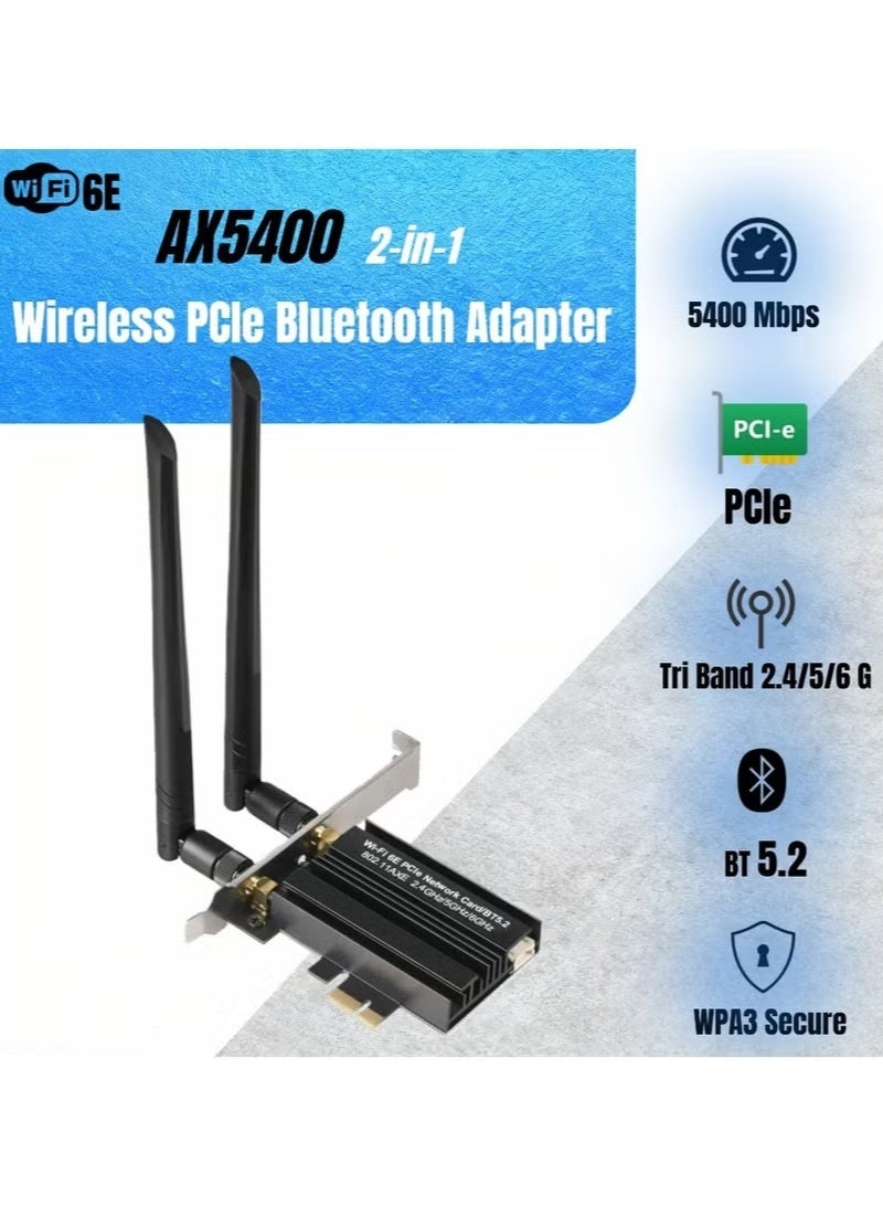 PCIe WiFi Bluetooth Adapter - 5400 Mbps Tri-Band 6GHz/5GHz/2.4GHz Wireless Network External Receiver, OFDMA, MU-MIMO, Bluetooth 5.2, Supports Windows 10/11 64-bit - Image 1