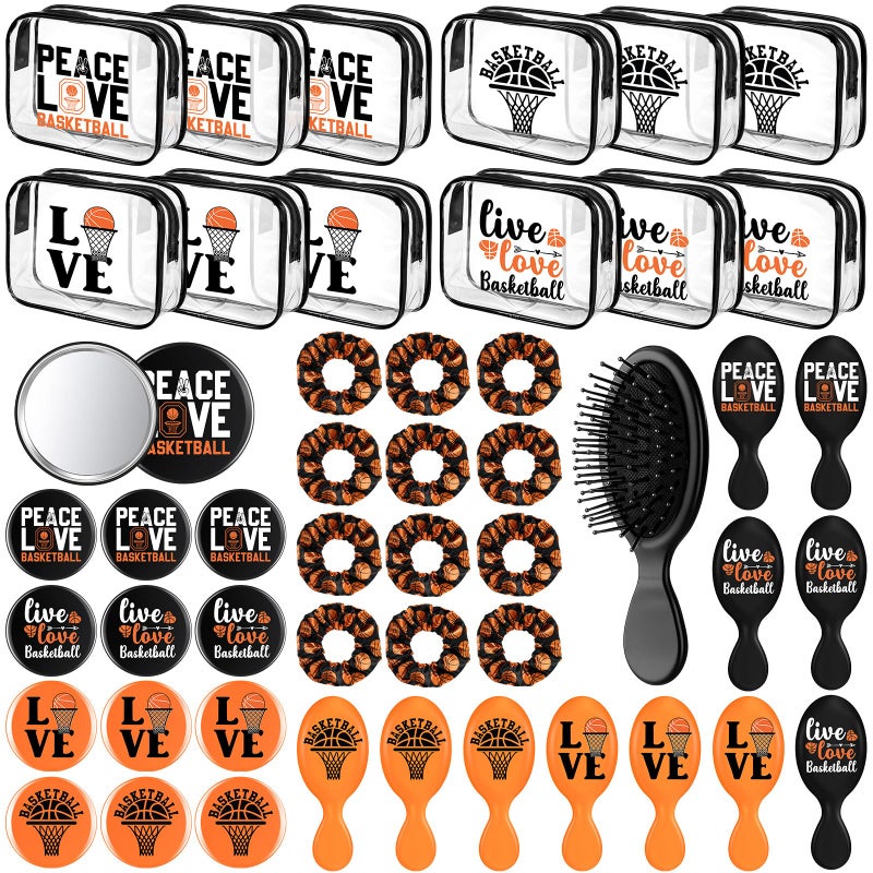 SilTriangle 48 Pcs Basketball Valentine Team Gifts Bulk 12 Basketball Makeup Bags 12 Hair Scrunchies 12 Mirror 12 Mini Hair Brush Party Favors for Women Team Valentines Day Birthday Sport Supplies - Image 1