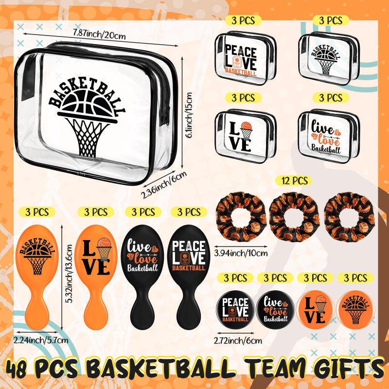 SilTriangle 48 Pcs Basketball Valentine Team Gifts Bulk 12 Basketball Makeup Bags 12 Hair Scrunchies 12 Mirror 12 Mini Hair Brush Party Favors for Women Team Valentines Day Birthday Sport Supplies - Image 2