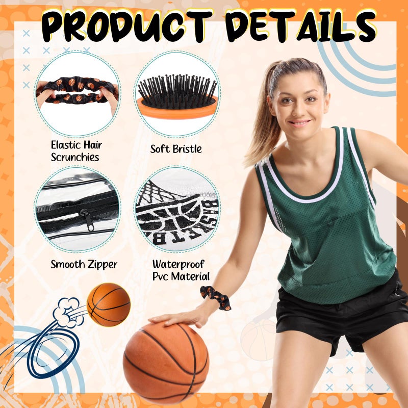 SilTriangle 48 Pcs Basketball Valentine Team Gifts Bulk 12 Basketball Makeup Bags 12 Hair Scrunchies 12 Mirror 12 Mini Hair Brush Party Favors for Women Team Valentines Day Birthday Sport Supplies - Image 3