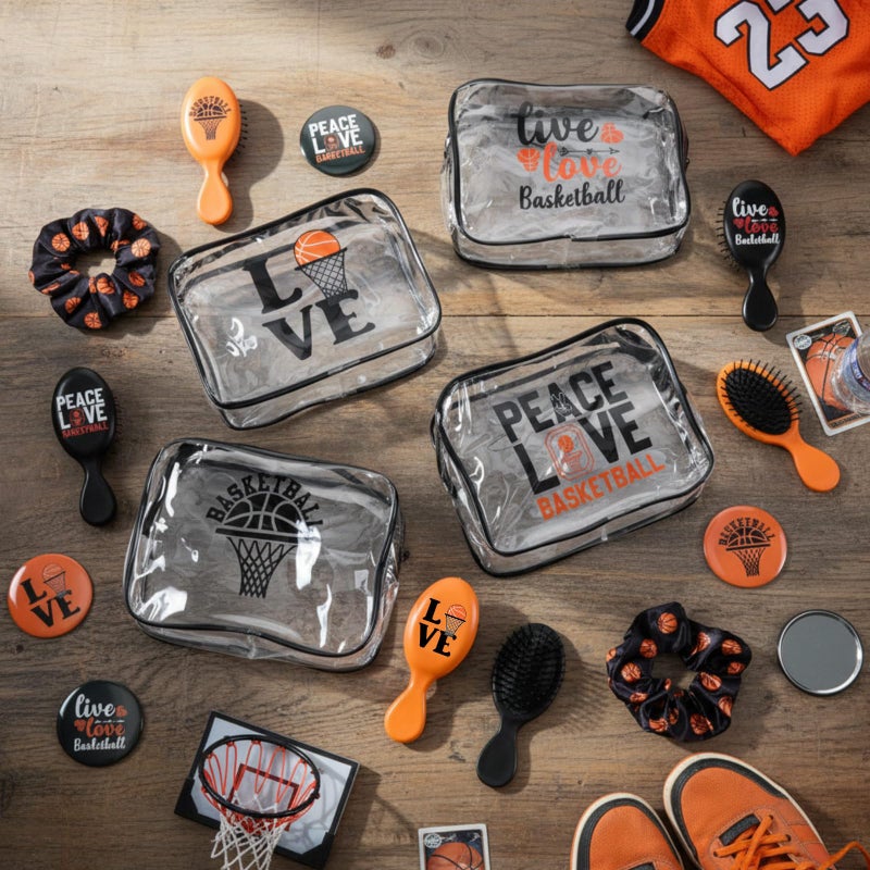 SilTriangle 48 Pcs Basketball Valentine Team Gifts Bulk 12 Basketball Makeup Bags 12 Hair Scrunchies 12 Mirror 12 Mini Hair Brush Party Favors for Women Team Valentines Day Birthday Sport Supplies - Image 4