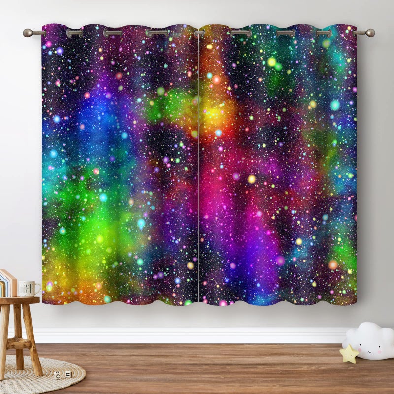 Jekeno Galaxy Blackout Curtains Kids Boys Girls Bedroom Outer Space Universe Nebula Starry Sky Colorful Stars Decor Decoration Grommet Window Drapes 2 Panel Set  42""x54"" - Image 1