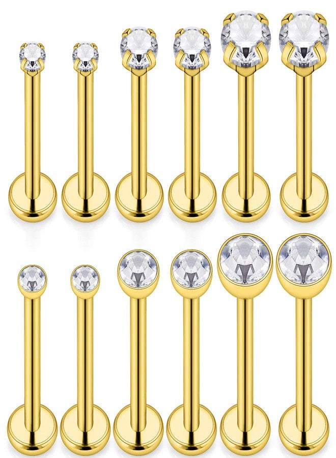SCERRING 6 Pairs 14G Stainless Steel 2mm 3mm 4mm Clear CZ Internally Threaded Labret Monroe Lip Earring Ring Body Piercing Jewelry 10mm - Gold - Image 1