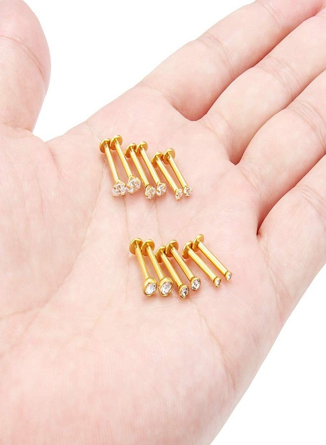 SCERRING 6 Pairs 14G Stainless Steel 2mm 3mm 4mm Clear CZ Internally Threaded Labret Monroe Lip Earring Ring Body Piercing Jewelry 10mm - Gold - Image 3