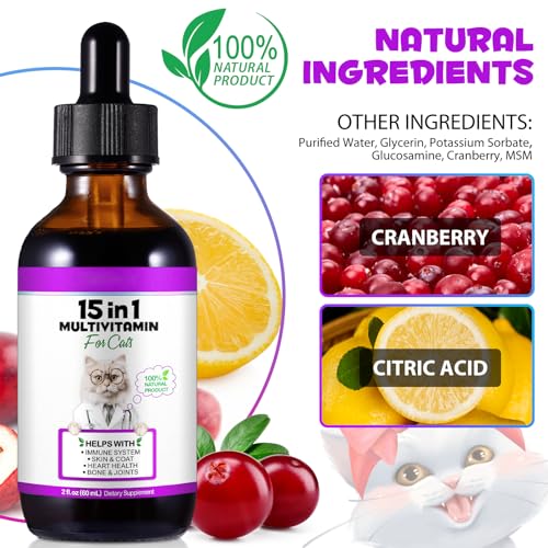 VOSIFSDIY Cat Multivitamin,15 in 1 Cat Vitamins Liquid Drops Supplements for Heart Health, Bones, Joint, Skin & Coat, Bladder, Immune System Support 60ml - Image 5