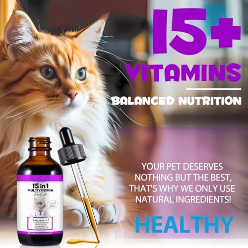 VOSIFSDIY Cat Multivitamin,15 in 1 Cat Vitamins Liquid Drops Supplements for Heart Health, Bones, Joint, Skin & Coat, Bladder, Immune System Support 60ml - Image 3