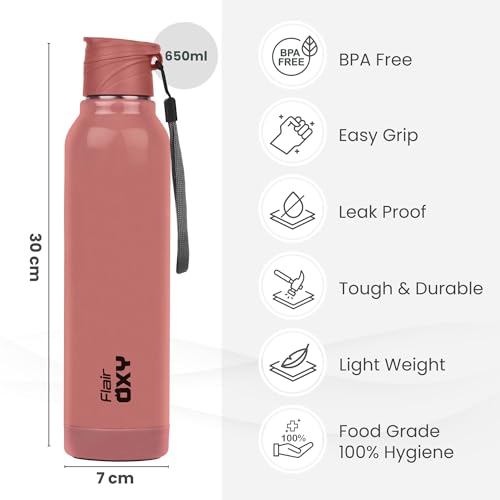 Flair Oxy Steel 900 | 650 ml, Pink, Hot & Cold | Leak Proof | Wide Mouth & Easy to Open | Insulated Inner Steel Outer Plastic Water Bottle | Travel-Friendly | Perfect for Daily Use - Image 2