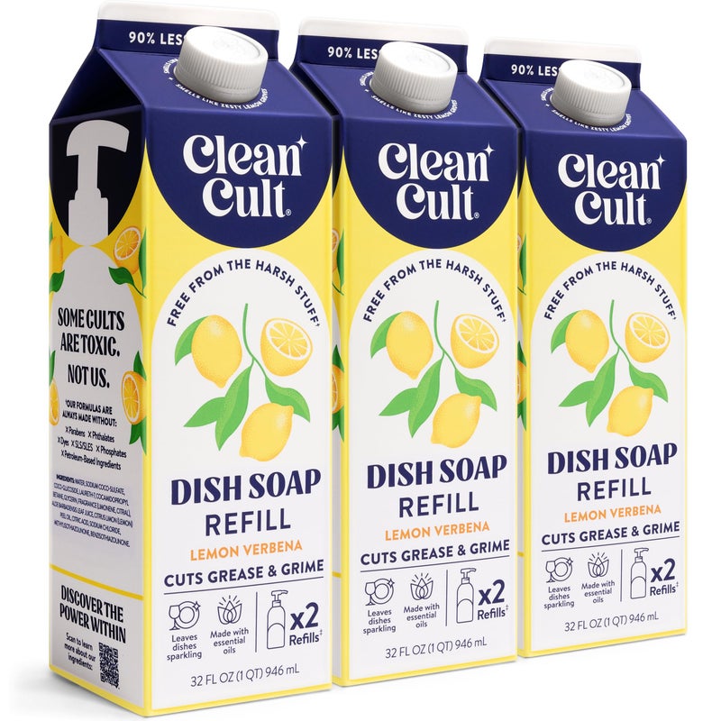 Cleancult Dish Soap Liquid Refills Plant Based Cleaning Power Cuts Grease Grime Free of Harsh Chemicals Uses 90 Less Plastic Lemon Verbena 32 oz3 Pack