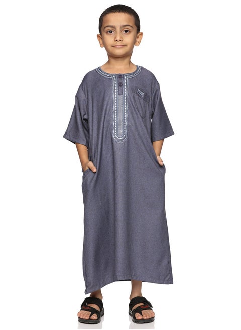 Boys' Round Neck Short Sleeve Jalabiya | Comfortable and Stylish Kaftan-Inspired Thobe   - Navy Blue
