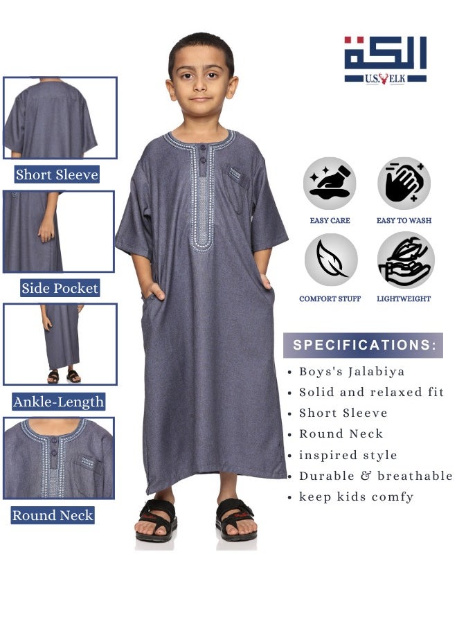 U.S. ELK - Boys' Round Neck Short Sleeve Jalabiya | Comfortable and Stylish Kaftan-Inspired Thobe   - Navy Blue - Image 1