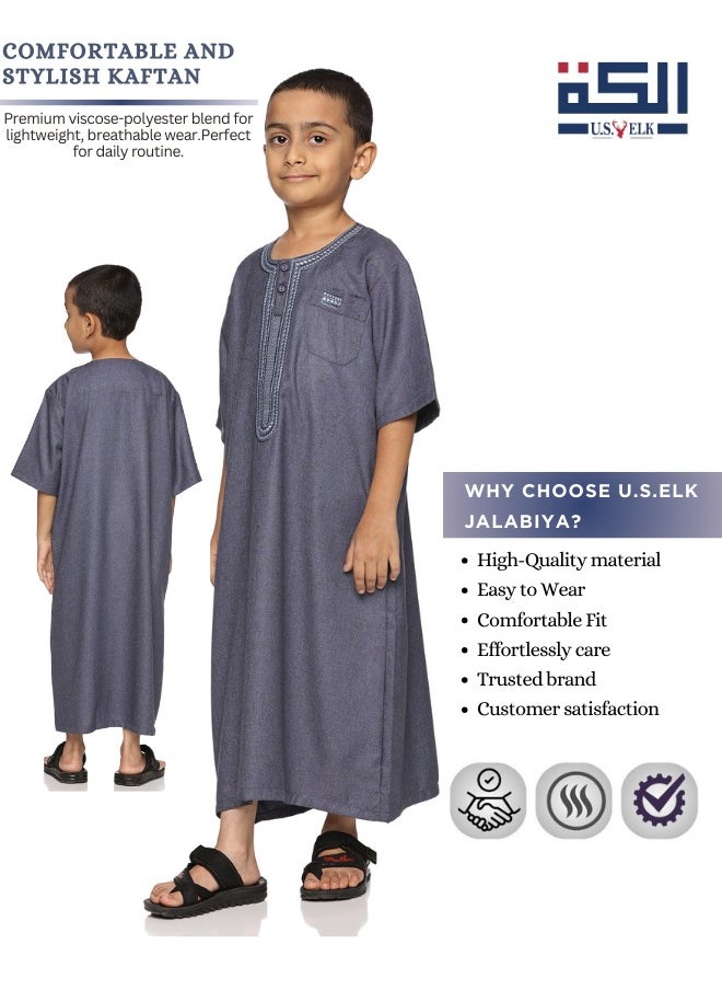 U.S. ELK - Boys' Round Neck Short Sleeve Jalabiya | Comfortable and Stylish Kaftan-Inspired Thobe   - Navy Blue - Image 1