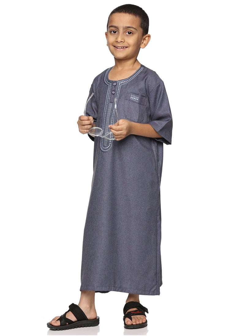 U.S. ELK - Boys' Round Neck Short Sleeve Jalabiya | Comfortable and Stylish Kaftan-Inspired Thobe   - Navy Blue - Image 1