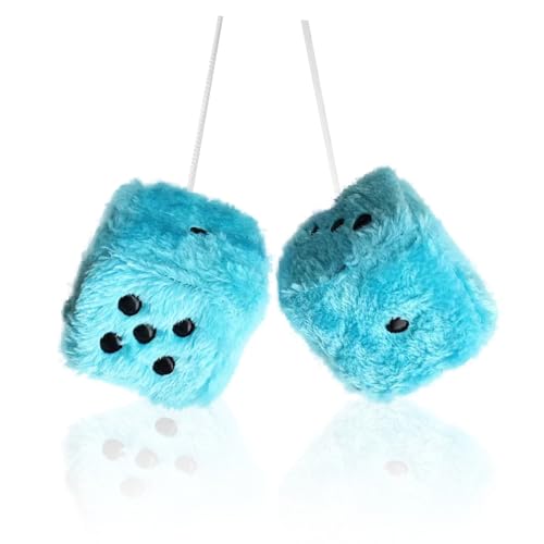 ORNALES Pair 3 Blue Fuzzy Plush Dice with Black Dots for Car Mirror Soft Retro Plush Car Interior Accessories for Car Rearview Mirror Hanging Decoration - Image 1