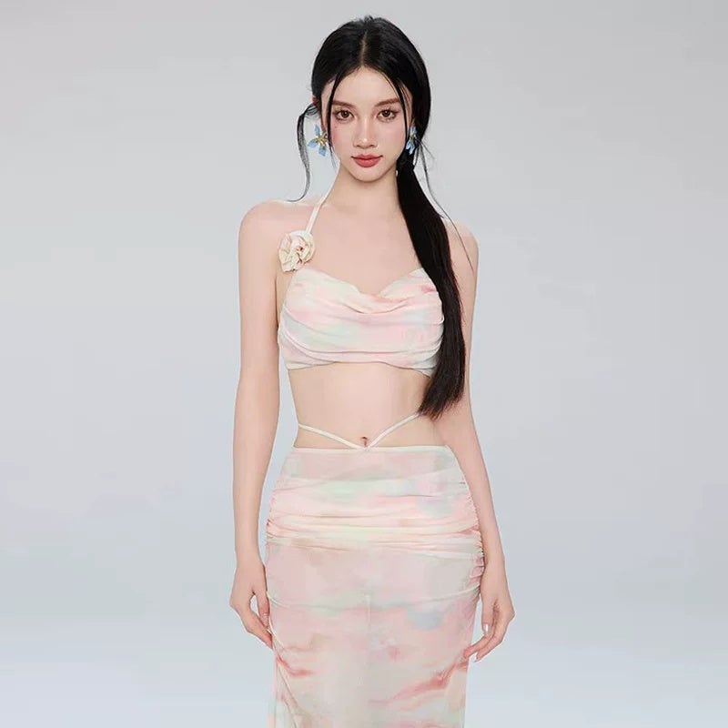 Korean ins Internet celebrity high-end feeling sweet flower small chest gathering bikini skirt split swimsuit hot spring swimsuit - Image 3