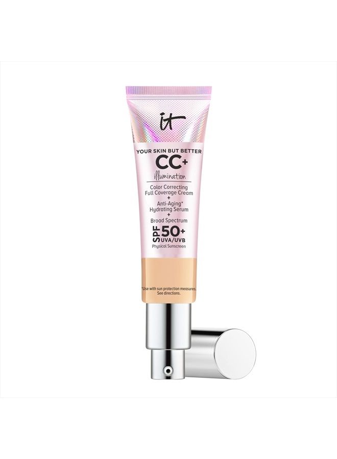IT COSMETICS كريم CC+ Illumination من Your Skin But Better، متوسط (W) - كريم تصحيح اللون، كريم أساس بتغطية كاملة، مصل مرطب وواقي من الشمس SPF 50+ - لمسة نهائية مشرقة - 1.08 أونصة سائلة - Image 1
