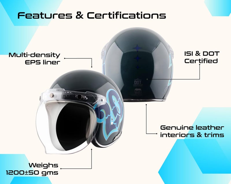 Axor Retro Jet Sportz C13 ISI and DOT Certified Gloss Finish Open Face Helmet for Men and Women with Clear Visor- Slate Blue-M - Image 5