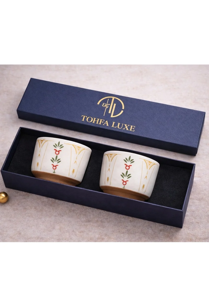 Tohfa Luxe Tohfa Luxe Heena Ceramic Cup Set of 2 – Colorful Arabic Print – Handcrafted Middle Eastern Coffee & Tea Cups – Gift-Ready