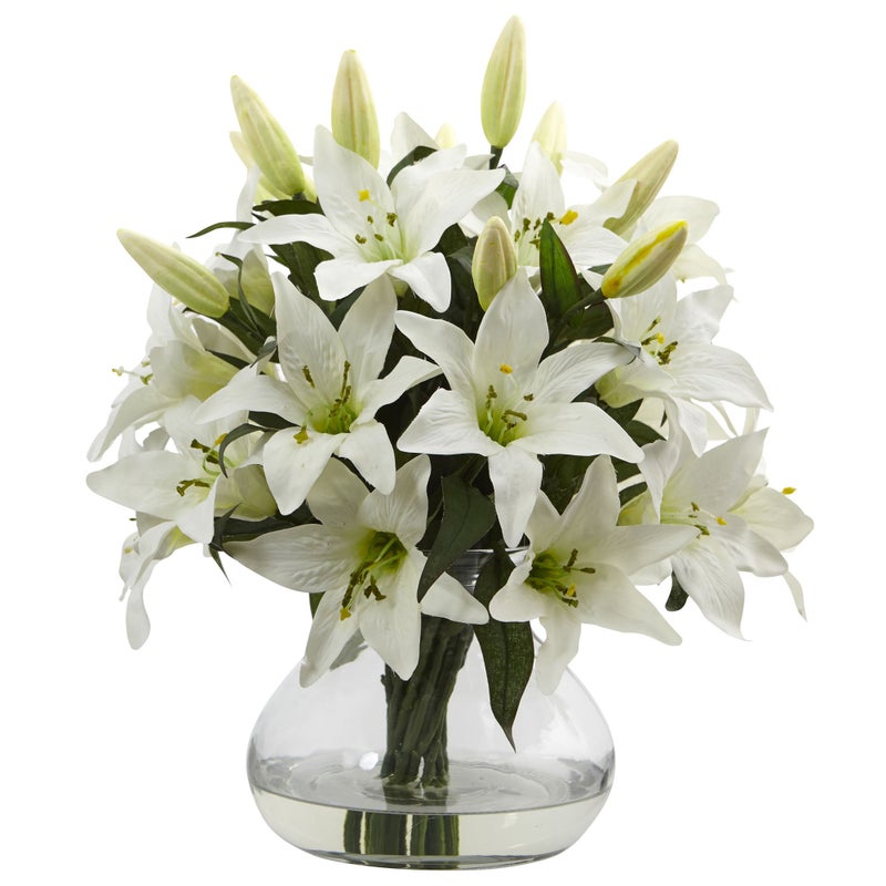 Nearly Natural 16in Lily Silk Arrangement with Glass Vase